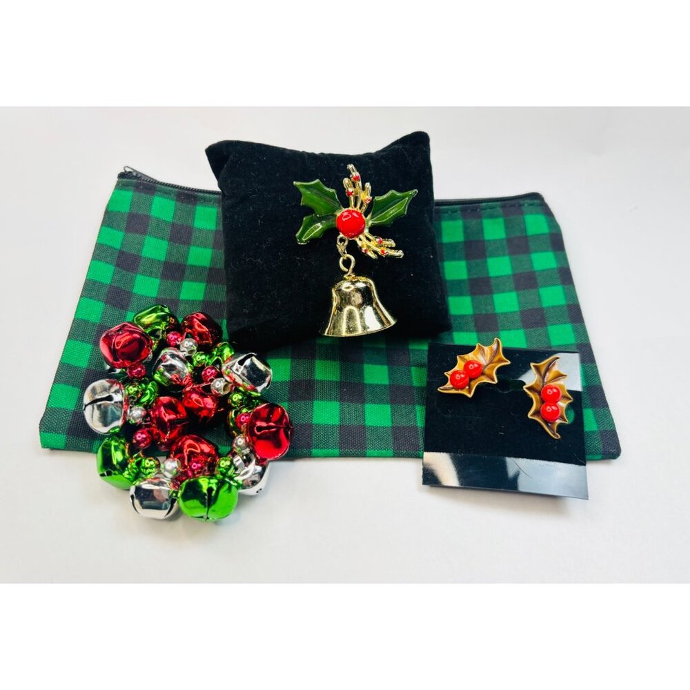 Vintage Christmas Jewelry Set Brooch Earrings & Bell With Festive Green Plaid Po